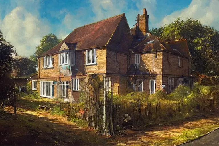 Image similar to cyberpunk, an estate agent listing photo, external view of a 5 bedroom detached countryside house in the UK, it's a sunny day, by Paul Lehr