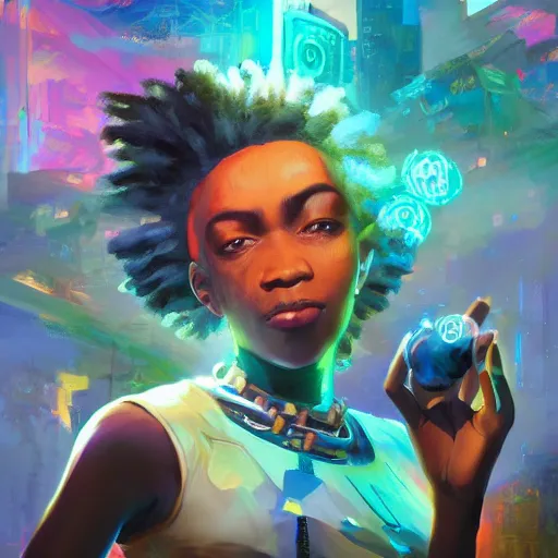 Image similar to afro - cyberpunk deities and their creations, gods and men, manifesting dreams with ancestral magic in a modern world | hyperrealistic oil painting | by makoto shinkai, ilya kuvshinov, lois van baarle, rossdraws, basquiat | afrofuturism, in the style of hearthstone, trending on artstation | dark color scheme