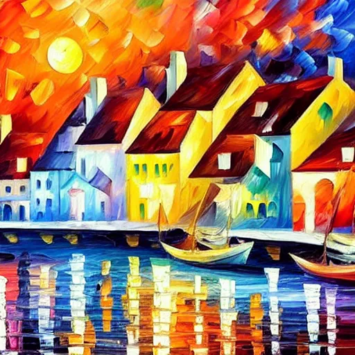 Image similar to beautiful cityscape of a seaside village in the style of leonid afremov