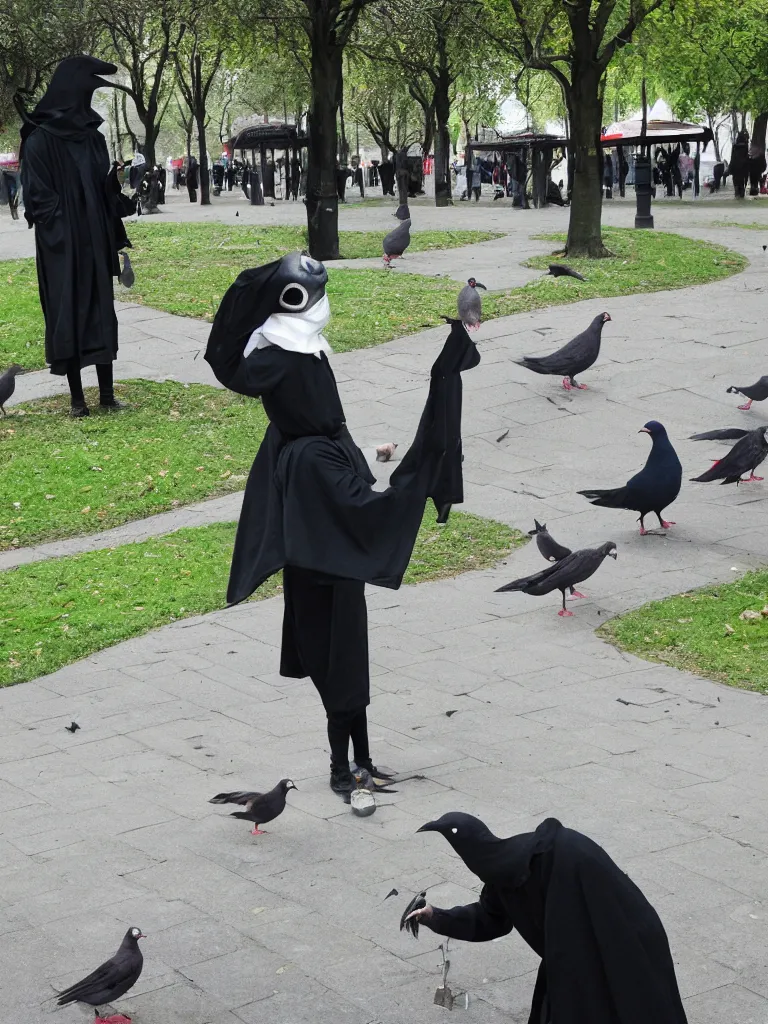 Image similar to plague doctor in a park feeding pigeons