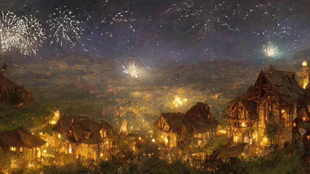 Image similar to a beautiful painting of hills in the shire with round hobbit doors and windows during a fireworks festival, at night with a sky full of stars and fireworks, intricate, elegant, highly detailed, digital painting, artstation, concept art, by krenz cushart and artem demura and alphonse mucha