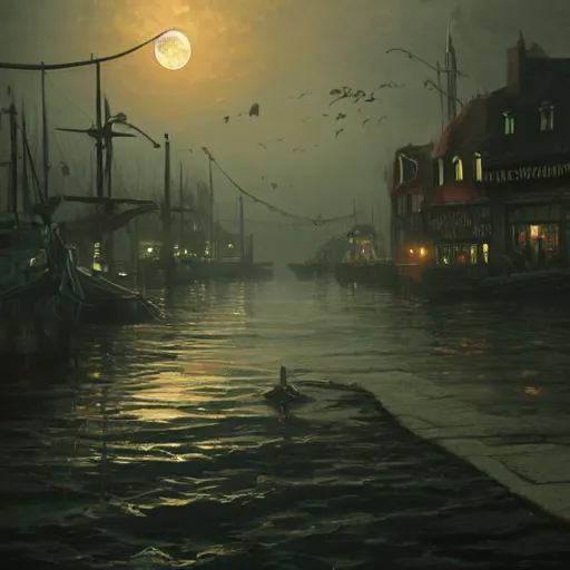 Prompt: innsmouth, dramatic lighting, city background, night, moon, chiaroscuro, high detail, painted by greg rutkowski, painted by igor kieryluk, painted by bobby chiu, trending on artstation