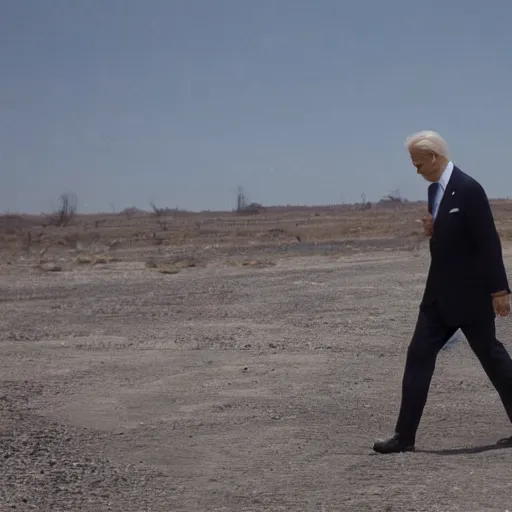 Image similar to a color photo taken from a distance of joe biden walking in a wasteland