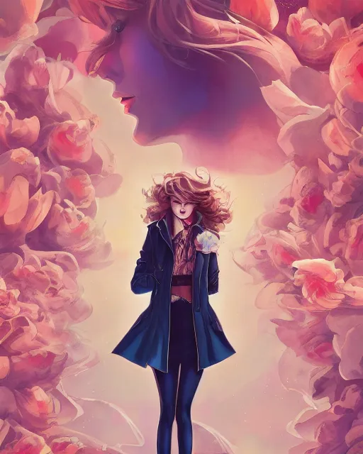 Image similar to taylor swift wearing fashionable trench coat, auburn flower storm, jesper ejsing, artgerm, petros afshar, tom whalen