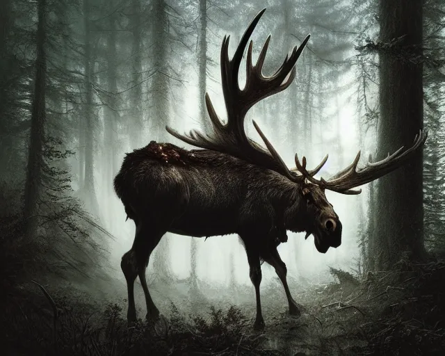 Image similar to 5 5 mm portrait photo of an armored demonic undead rotting moose with antlers, in a magical forest looking at the camera. dark atmosphere. art by greg rutkowski and luis royo. highly detailed 8 k. intricate. lifelike. soft light. nikon d 8 5 0.