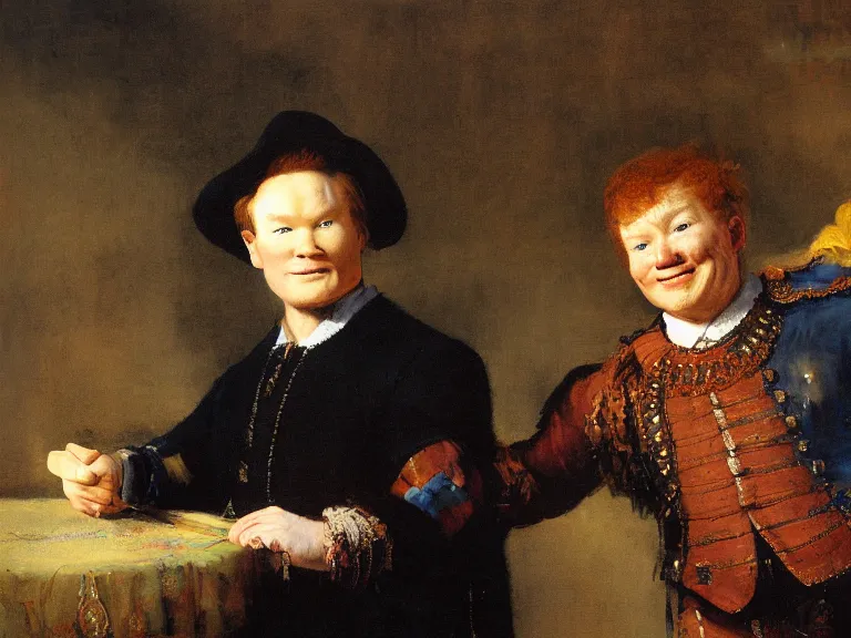 Prompt: Conan O'Brien and Andy Richter painting by Rembrandt, high detail, high resolution