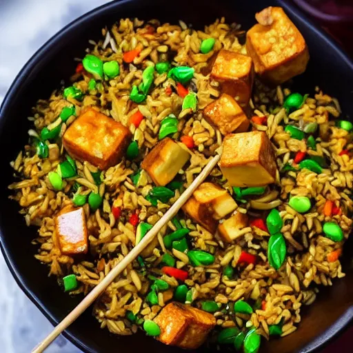 Prompt: a photograph of the new tofu fried rice, chinese dish from my local chinese restaurant, cooked to perfection, chefs table, netflix, gourmet, three michelin star, food photography