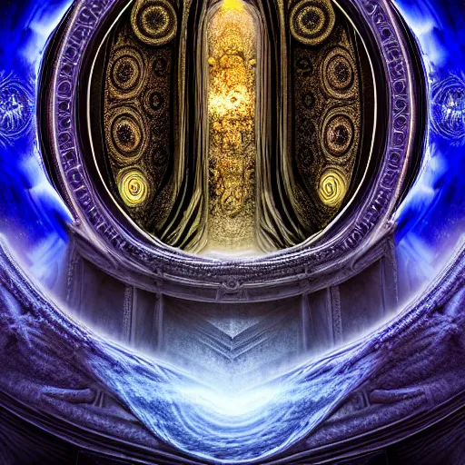 Image similar to majestic portal to another dimension, turbulent image of different time space, filigree details, divine lights, ethereal, sci fi, high detail, intricate, giger and klimt, photo realistic, 8 k