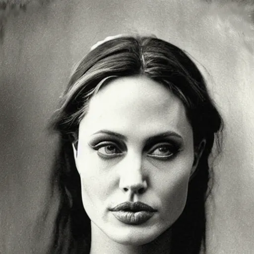 Image similar to victorian photograph of angelina jolie, 1 8 9 0 s photography, 1 9 0 0, graceful, realistic face, symmetrical face, studio photograph, grainy, edwardian, old photo