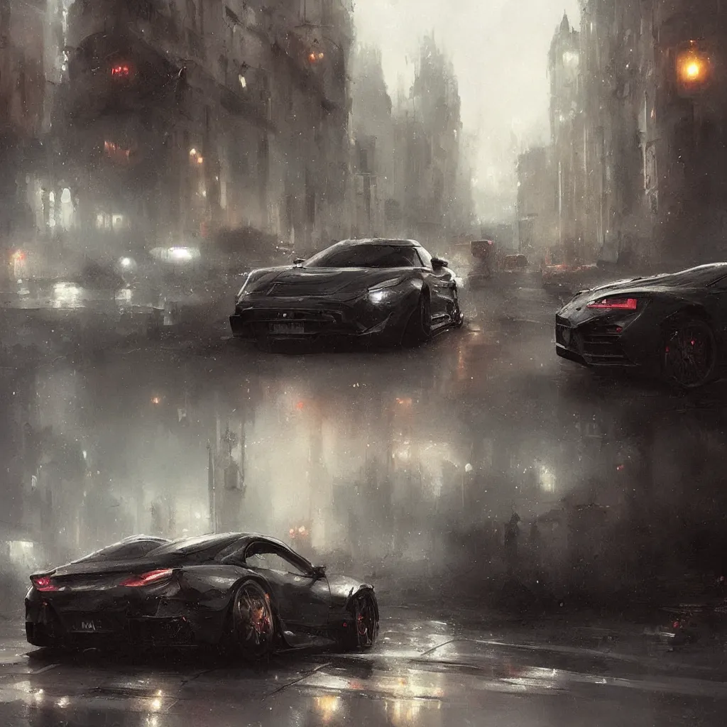 Prompt: greg rutkowski art, insanley detailed, extremly detailed, masterpice, a car driving slowy on a street with moody weather