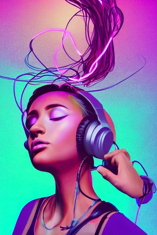 Image similar to a award winning half body portrait of a beautiful woman with stunning eyes in a croptop and cargo pants with ombre purple pink teal hairstyle dancing while listening to music with headphones on her ears by thomas danthony, surrounded by whirling illuminated lines, outrun, vaporware, shaded flat illustration, digital art, trending on artstation, highly detailed, fine detail, intricate