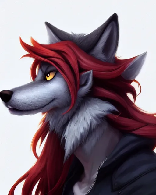 Image similar to character concept art of a dark grey anthropomorphic furry male wolf with long red hair | | cute - fine - face, pretty face, key visual, realistic shaded perfect face, fine details by stanley artgerm lau, wlop, rossdraws, james jean, andrei riabovitchev, marc simonetti, and sakimichan, artstation