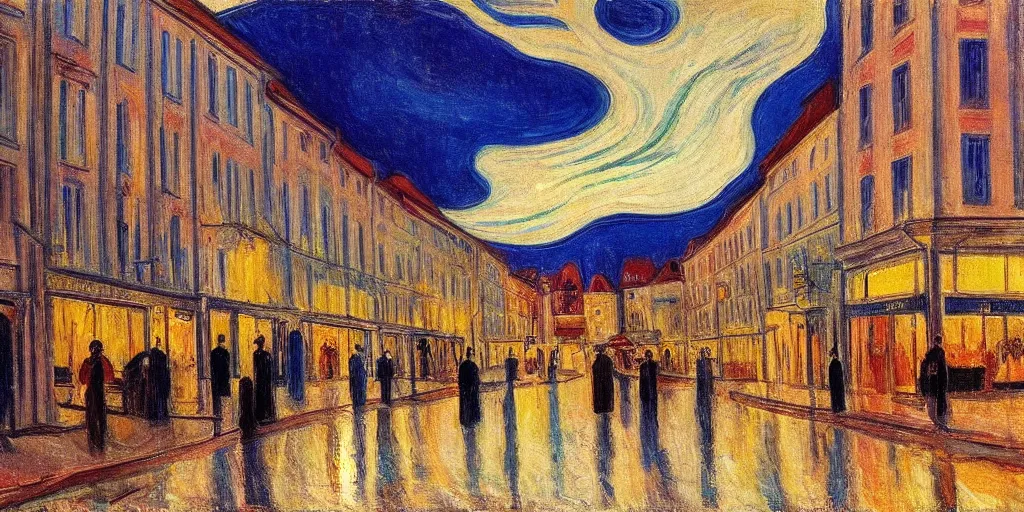 Image similar to a street scene in the first district of vienna, twilight, lights in windows, style of edvard munch, the storm