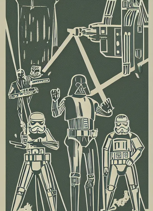 Image similar to a mid - century modern vintage lifelike illustration, screen printed, textured, paper texture, of star wars