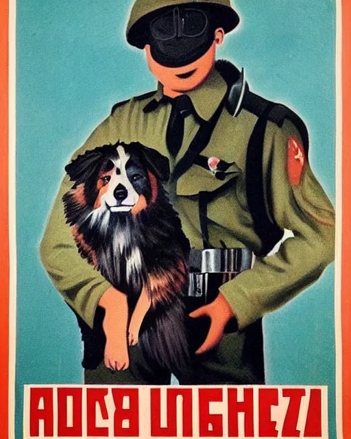 Image similar to soviet propaganda poster of an australian shepherd soldier, soviet art