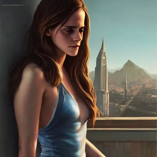 Prompt: highly detailed painting of emma watson wearing a skintight dress, gta 5 cover art, stephen bliss, 8 k, by greg rutkowski, artgerm, loish, rhads, global illumination, radiant light, detailed and intricate environment