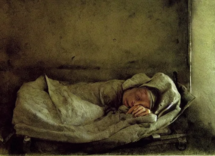 Prompt: poor child sleeping in a dirty makeshift hospital, painting by andrew wyeth and alan lee, very detailed, somber mood, realistic sad faces