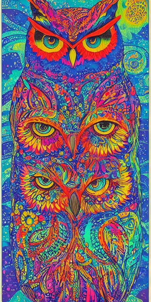 Image similar to 70’s psychedelic poster owl Louis Wain colorful dichroic