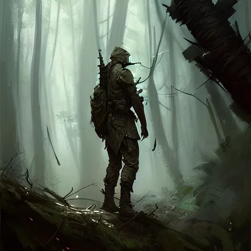 Image similar to male soldier in the forest, by Greg Rutkowski!!!, D&D, fantasy, intricate, elegant, highly detailed, digital painting, artstation, concept art, matte, sharp focus, illustration