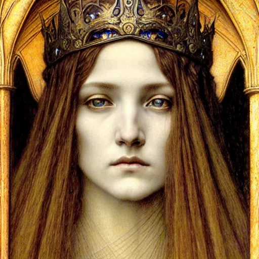 Image similar to detailed realistic beautiful young medieval queen face portrait by jean delville, gustave dore and marco mazzoni, art nouveau, symbolist, visionary, gothic, pre - raphaelite