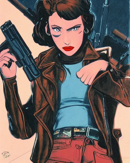 Prompt: young female protagonist in leather jacket with gun, city street, artwork by ralph bakshi