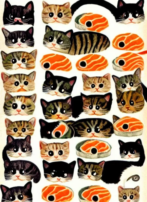 Image similar to clear photorealistic picture of adorable cats made out of sushi