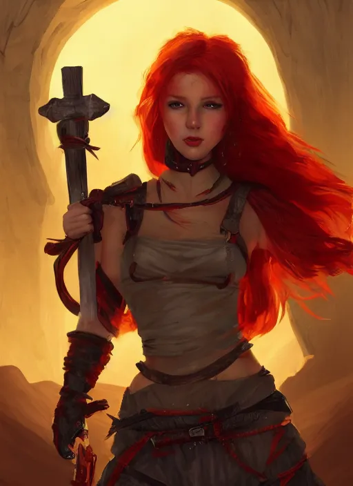 Image similar to Redhead girl which chest wrapped in bandages with katana in desert, fantasy, medieval, vivid colors, fantasy, elegant, concept art, sharp focus, beautiful face, digital art, Hyper-realistic, 4K, Unreal Engine, Highly Detailed, HD, Dramatic Lighting by Brom, trending on Artstation