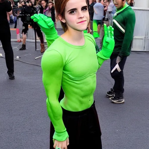 Prompt: emma watson cosplaying as the hulk, muscly emma watson wearing a hulk costume, emma watson jacked beefy cosplay award winner