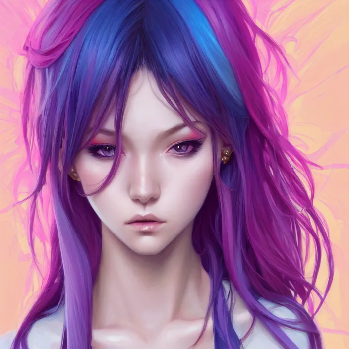 Image similar to half body portrait of beautiful symmetrical anime girl, rainbow hair, attractive, casual, modern, victoria's secret, highly detailed, digital painting, artstation, concept art, smooth, sharp focus, illustration, art by moebius, artgerm, greg rutkowski and alphonse mucha, 8 k,