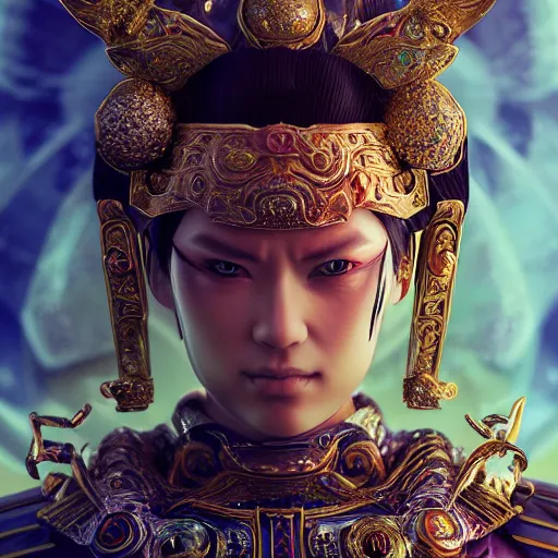 Image similar to a samurai with golden ornaments and diamonds jewelry by alex gray and android jones, karol bak, ayami kojima, amano, concept art, character design, fantasy, 3 d, 8 k resolution