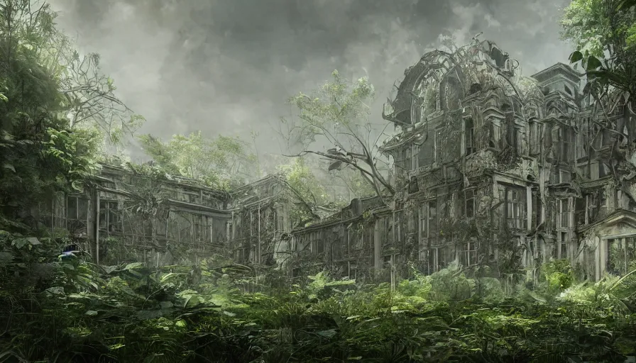 Prompt: Abandoned sanatorium covered by vegetation, hyperdetailed, artstation, cgsociety, 8k