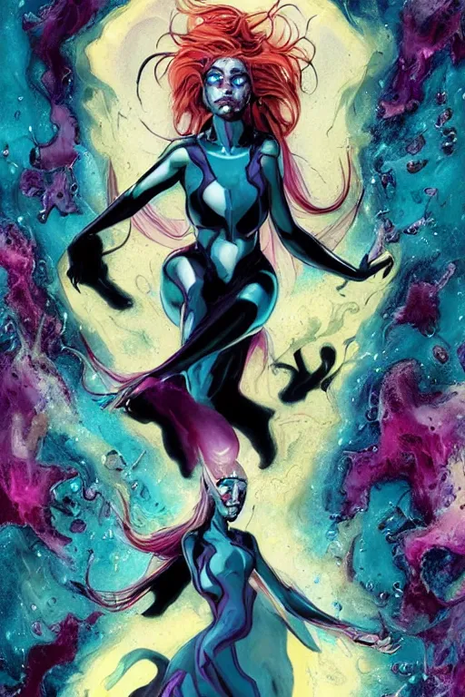 Image similar to xmen comic art,Sprial an epic goddess with 6 arms dancing in the air,beautiful and terrifying,melting,full character design,8k,by Stanley Artgermm,Tom Bagshaw,Geoff Darrow,Carne Griffiths,Ron English,Linsey Levendall,trending on DeviantArt,face enhance,hyper detailed,minimalist,horror,full of colour,cinematic,dynamic lighting