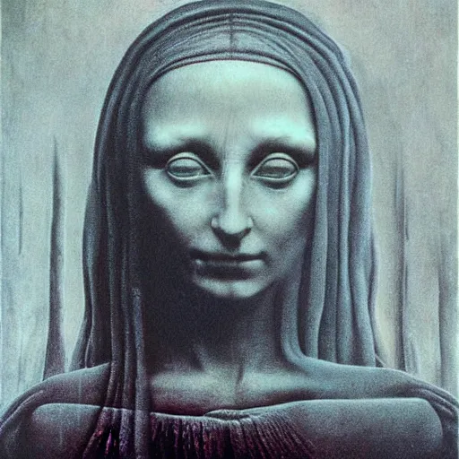 Image similar to beksinski, zdzisław - mona lisa in the style of giger, h. r. by zdzislaw beksinski and h. r. giger