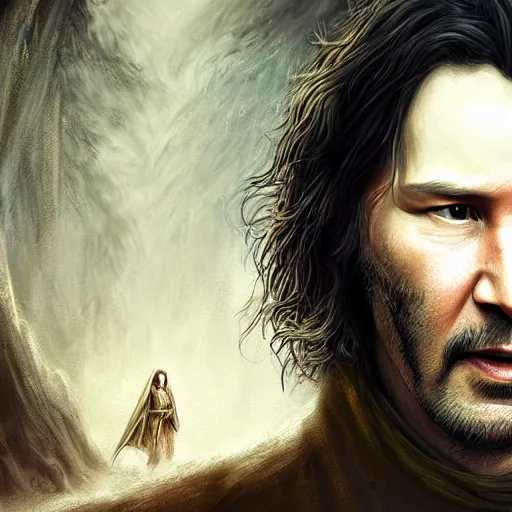 Prompt: keanu reeves as a hobbit ( lord of the rings movie ), digital painting, extremely detailed, 4 k, intricate, brush strokes, mark arian, artgerm, bastien lecouffe - deharme