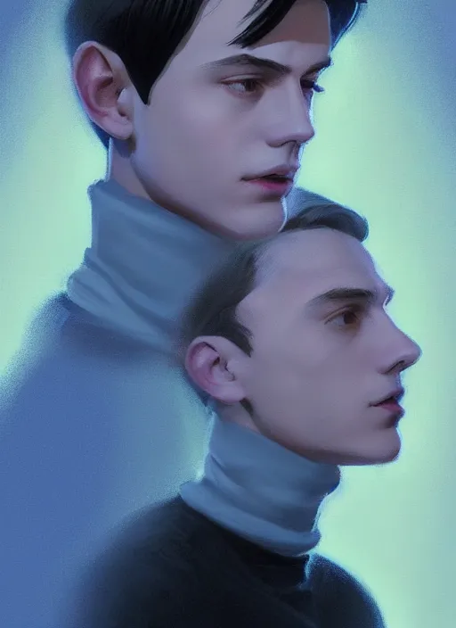 Image similar to portrait of teenage jughead jones wearing a light grey crown, crown, blue turtleneck, closed eyes, photorealistic, black hair, glowing lighting, intricate, elegant, glowing lights, highly detailed, digital painting, artstation, concept art, smooth, sharp focus, illustration, art by wlop, mars ravelo and greg rutkowski