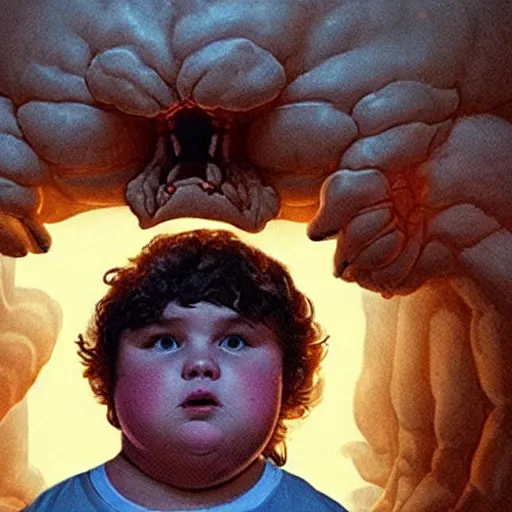 Image similar to a fat white kid with a demogorgons head