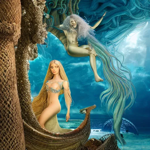 Image similar to unreal engine, octane render, 8 k, intricate detail, gilbert williams and sandro botticelli portrait of tan sumerian mermaid goddess atargatis, with aqua neon rapunzel dreadlocks adorned in seashells, near crystal temple in atlantis, iridescent dolphins swimming in the sea, unicorn flying in the sky, paleozoic atlantis