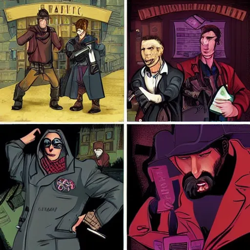 Image similar to four characters, a grifter, a hacker, a thief, and a mastermind in the style of a d & d cover