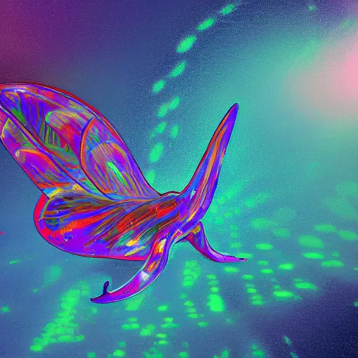 Prompt: digital painting of a fictional whale, tiny multiple holographic butterfly wings on its backside, fully detailed, 4 k, octane render quality, real footage, psychedelics featured on artstation by mohamed solah, art limited whale by bahar moumivand, subreddit / r / whale