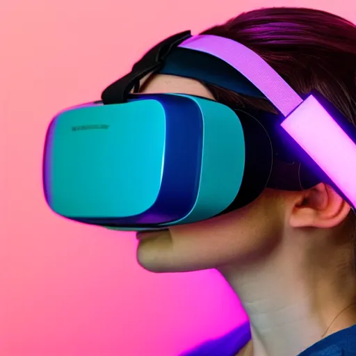 Prompt: high-resolution photograph female of in profile angle wearing vr headset, cyan and purple lighthing