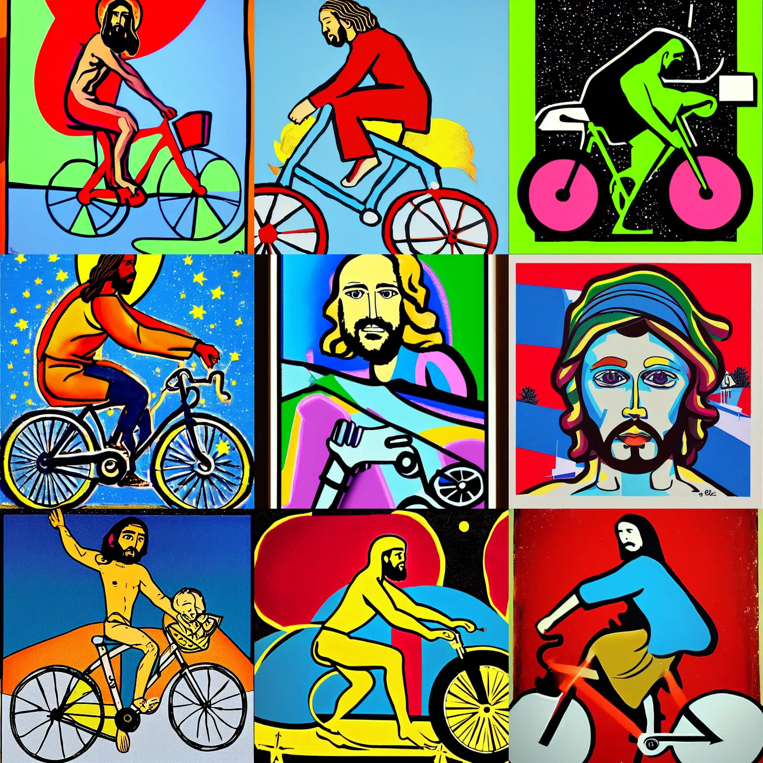 Prompt: pop art jesus riding a bicycle at midnight