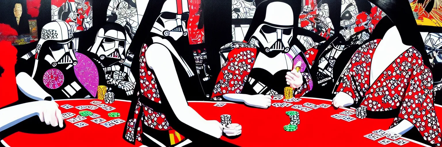 Image similar to hyperrealism composition of the detailed woman in a japanese kimono sitting at an extremely detailed poker table with darth vader and stormtrooper, fireworks on the background, pop - art style, jacky tsai style, andy warhol style, acrylic on canvas