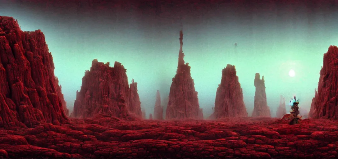 Image similar to alien landscape with eerie god statues, painted by beksinski, 4 k, intricate details, unreal engine, dynamic lighting