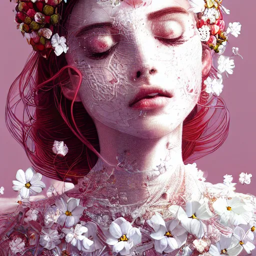 Image similar to the portrait of an absurdly beautiful, graceful, elegant, sophisticated, fashionable woman made of strawberries and white petals looking down, an ultrafine hyperdetailed illustration by kim jung gi, irakli nadar, intricate linework, bright colors, octopath traveler, final fantasy, unreal engine 5 highly rendered, global illumination, radiant light, detailed and intricate environment