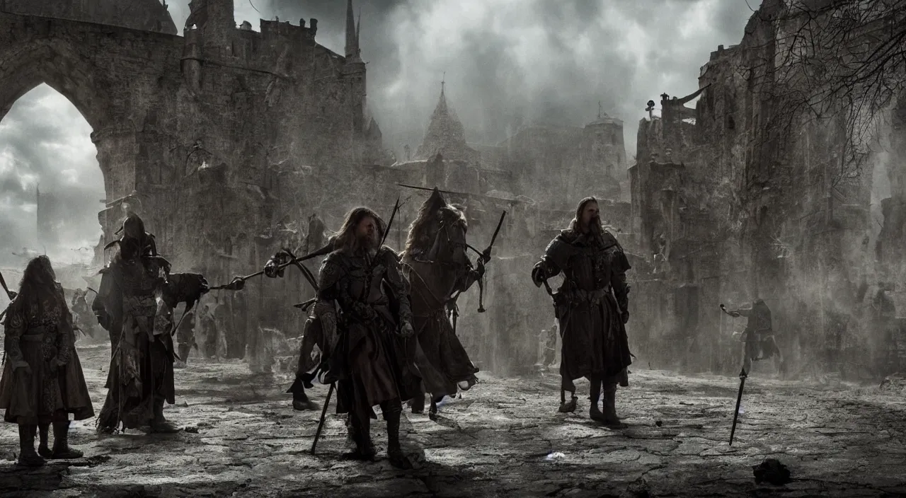 Prompt: breathtaking shot from a gritty medieval fantasy, award - winning cinematography by emmanuel lubezki, natural lighting, heavy contrast, striking composition