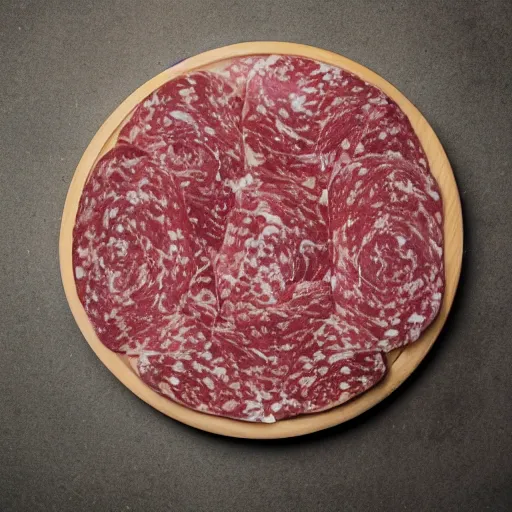Prompt: a round bench completely covered in salami, studio photography, 5 0 mm