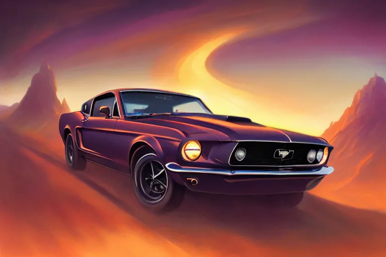 Prompt: a 1 9 6 8 mustang driving down a country road, coriolios rpg art style, full of details, warm sunset colors, matte painting, artstation, 8 k, hyperrealistic, style of peter mohrbacher, album cover, extreme long shot, mountains