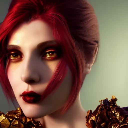 Image similar to redhead vampire sorceress, perfect face viewed in profile, bright glowing purple and red eyes, gold shirt, cinematic, floating ash, stunning, highly detailed, artstation, smooth, hard focus, concept art, art by artgerm and greg rutkowski and alphonse mucha, volumetric lighting, octane render, 4 k resolution, trending on artstation, masterpiece