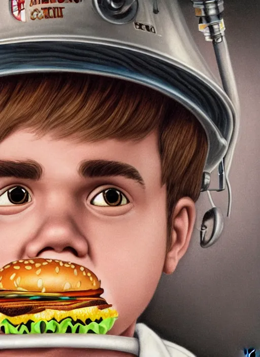 Image similar to highly detailed closeup, face profile portrait of justin bieber as a tin toy scientist wearing a tinfoil hat eating a hamburger, unreal engine, nicoletta ceccoli, mark ryden, earl norem, lostfish, global illumination, detailed and intricate environment