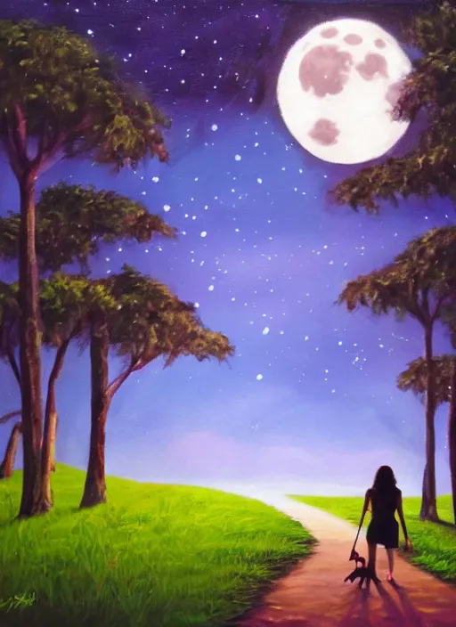 Prompt: young brown woman walking her dog in a park at night with a full moon, ceiba trees, acrylic painting, photoreal, fantasy